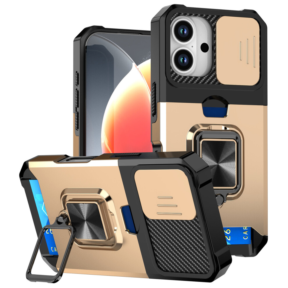 (Iphone 17, ) For Iphone 17 Case Kickstand Slide Lens Lid Pc+Tpu Phone Cover With Card Slot Gold 6914289190595