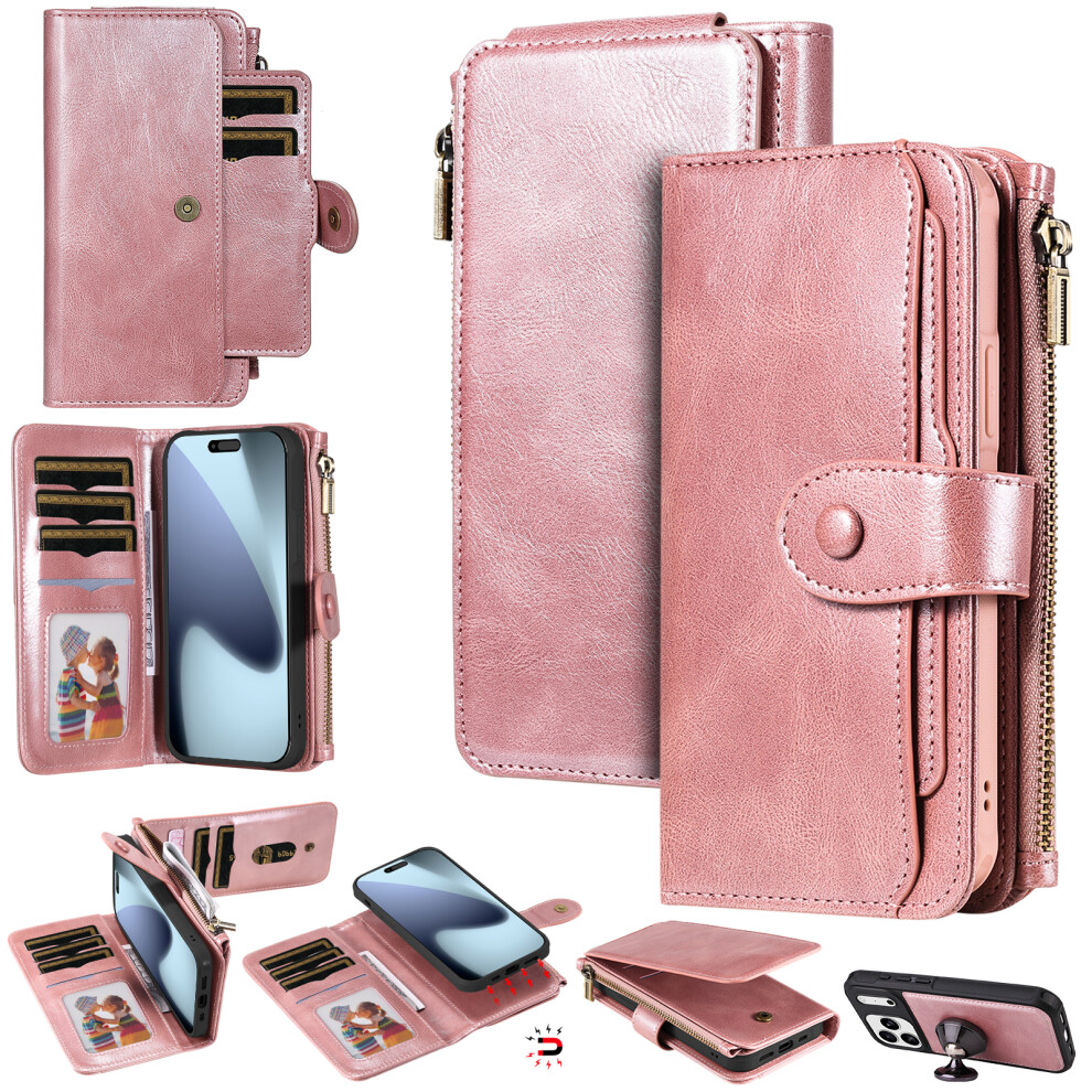 (Iphone 17 Pro, Rose ) For Iphone 17 Pro Phone Case Pu Leather Zipper Wallet Detachable Cover Gold 6914289267631