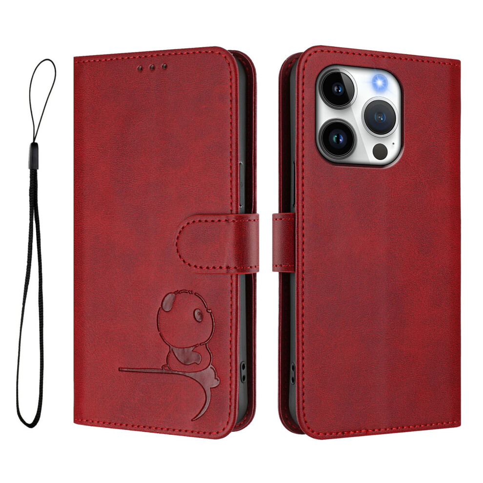 (Iphone 16 Pro, Wine ) For Iphone 16 Pro Case Panda Imprint Rfid Blocking Wallet Leather Phone Cover With Wrist Strap Red 6914288725316