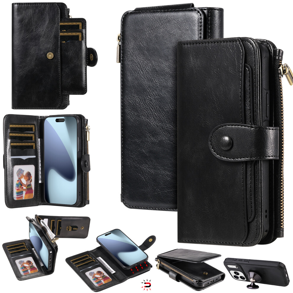 (Iphone 17 Pro, ) For Iphone 17 Pro Phone Case Pu Leather Zipper Wallet Detachable Cover Black 6914282855682