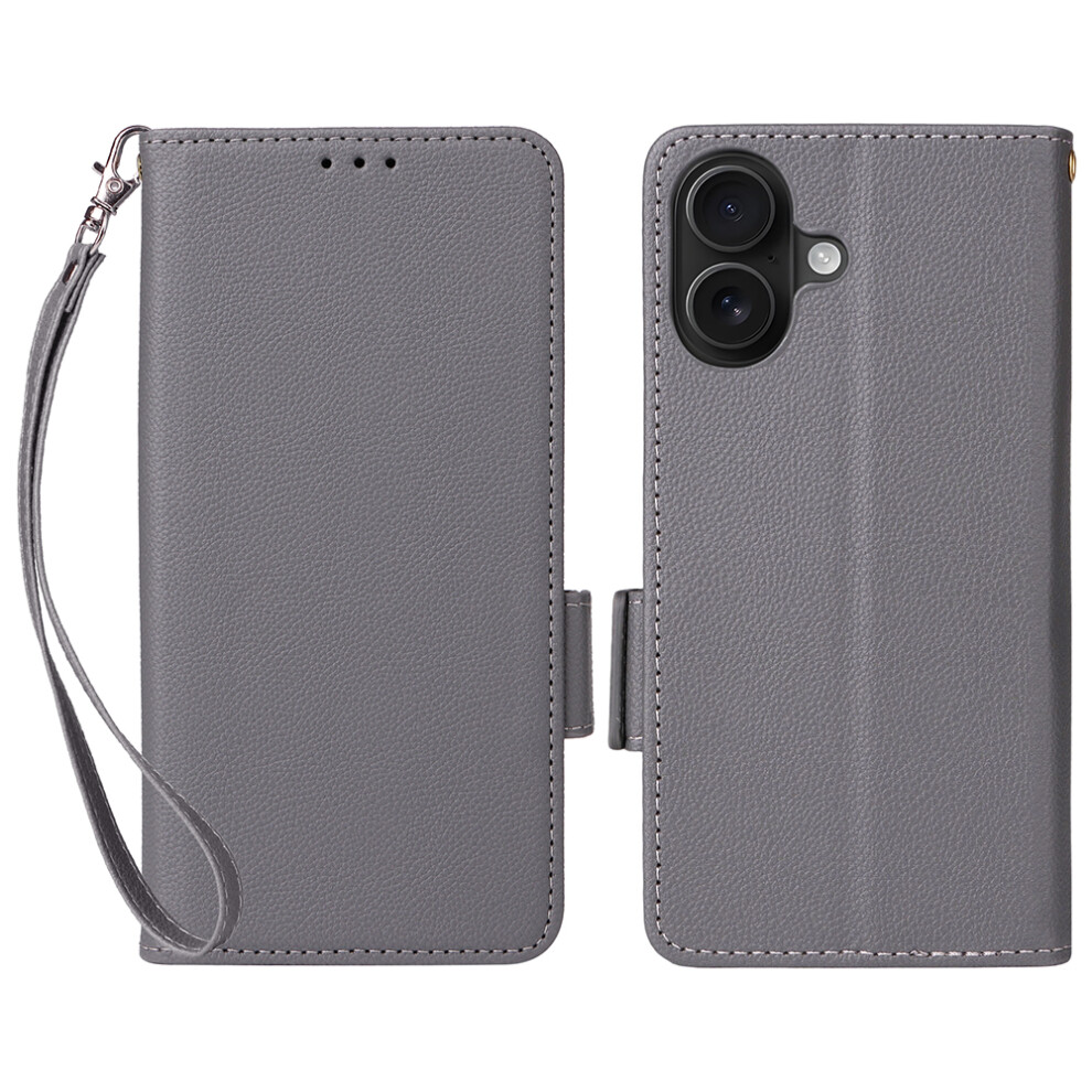 (Iphone 17, ) For Iphone 17 Case With Wrist Strap Litchi Texture Pu Leather Wallet Phone Cover Grey 6914282767268
