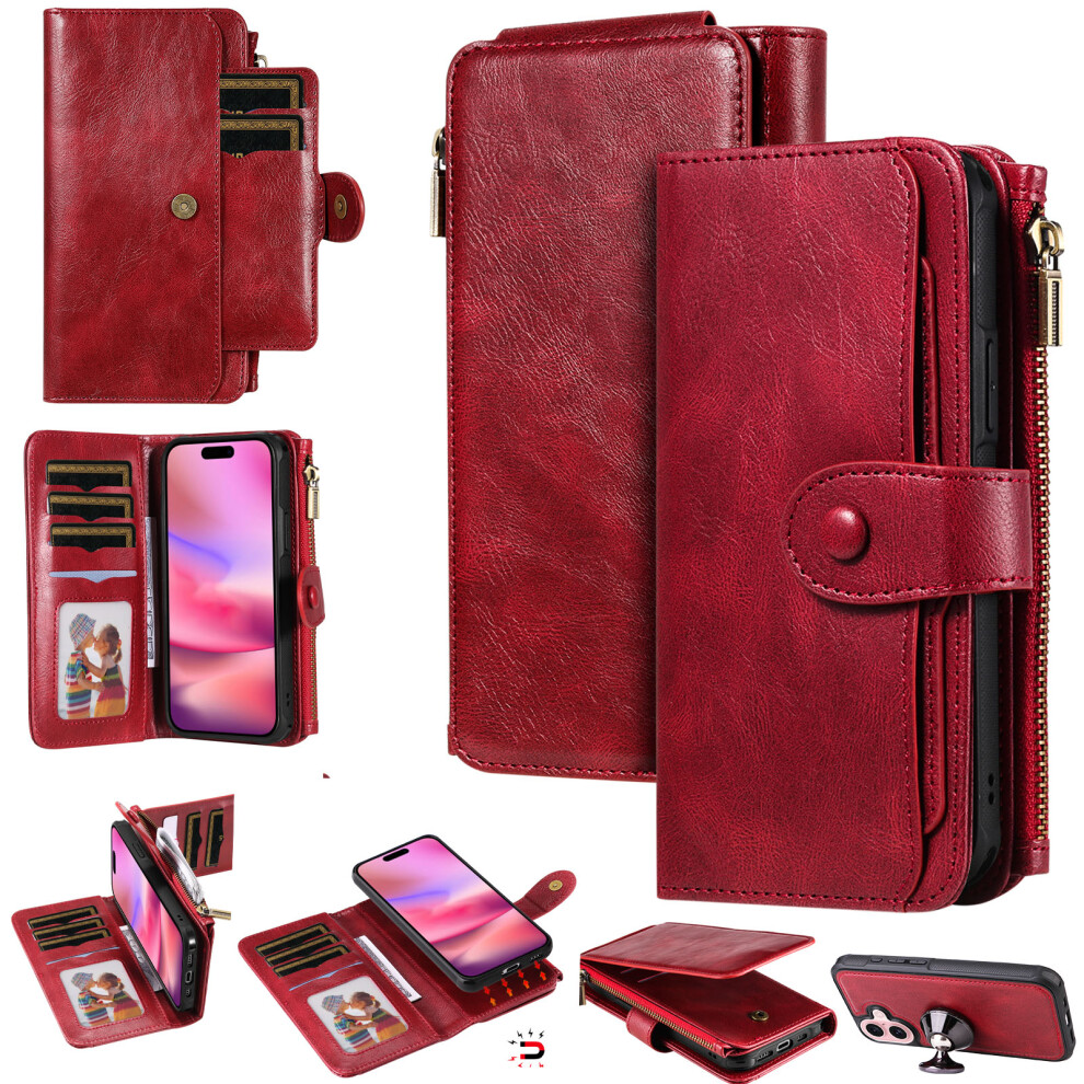 (Iphone 17, ) For Iphone 17 Phone Case Pu Leather Zipper Wallet Detachable Cover Red 6914288187848