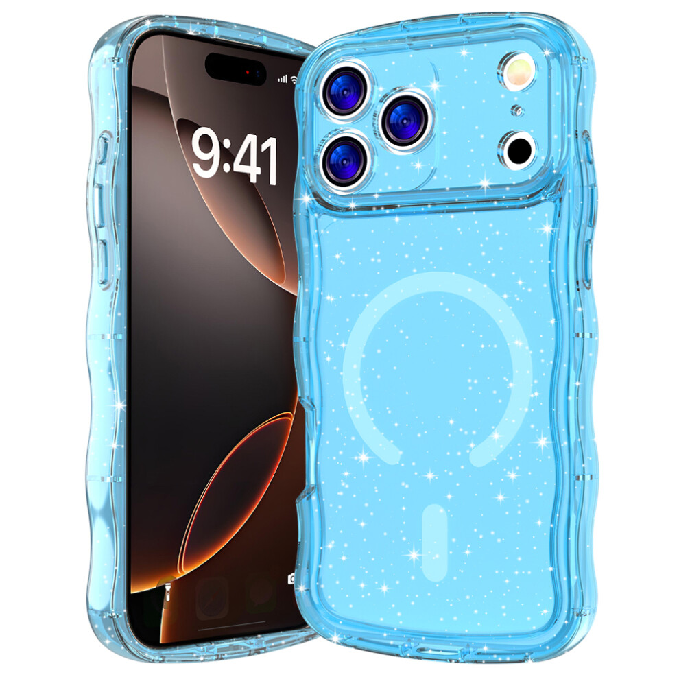 (Iphone 17 Pro, Transparent ) For Iphone 17 Pro Magnetic Case Wave Edge Glitter Tpu Phone Back Cover Blue 6914288567404