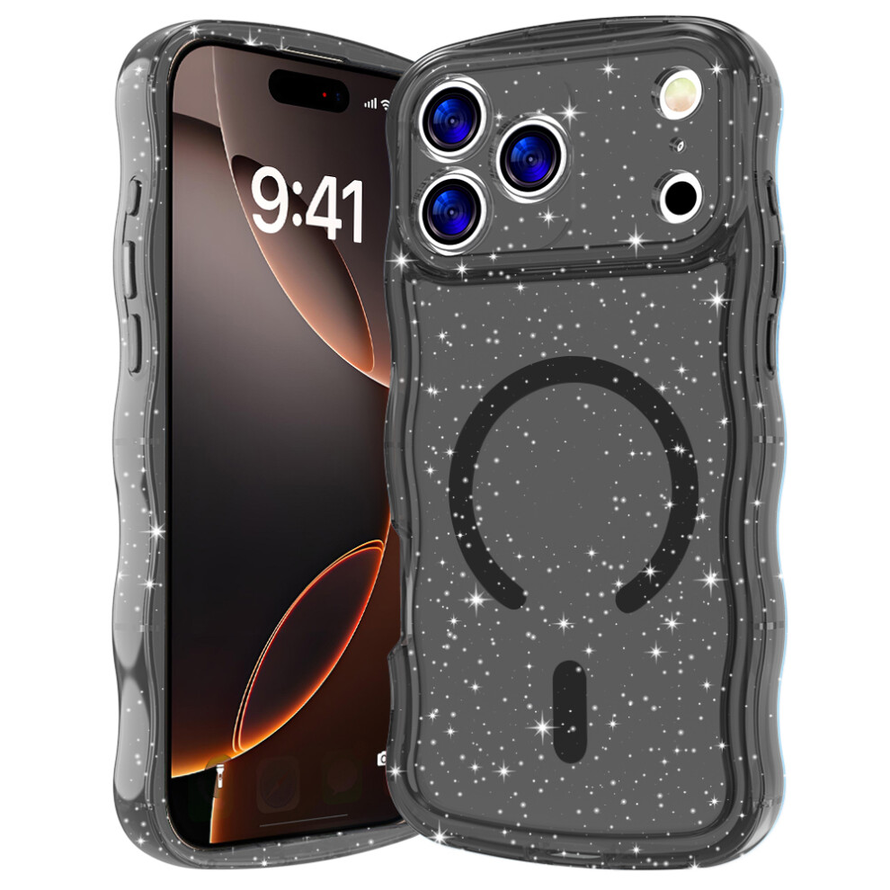 (Iphone 17 Pro, Transparent ) For Iphone 17 Pro Magnetic Case Wave Edge Glitter Tpu Phone Back Cover Black 6914285791567
