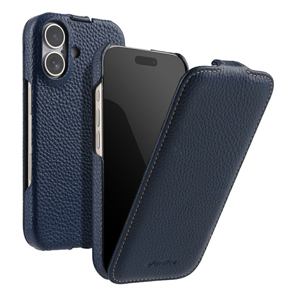 (iPhone 17, Blue) MELKCO For iPhone 15 Case Compatible with MagSafe Vertical Flip Genuine Cow Leather+PC Phone Cover