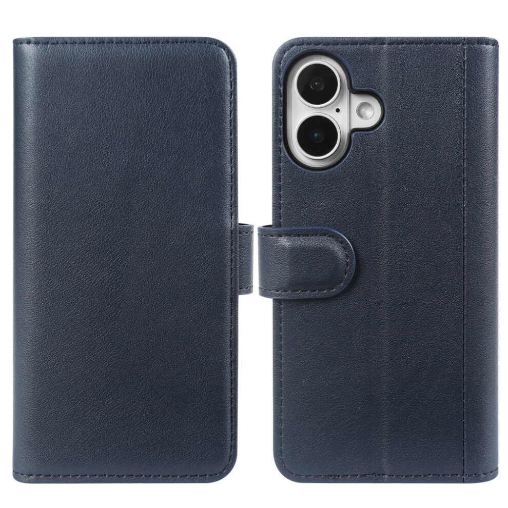 (Iphone 16, ) Amorus For Iphone 16 Stand Cases Calf Texture Genuine Split Leather Wallet Phone Cover Blue 6914281144978