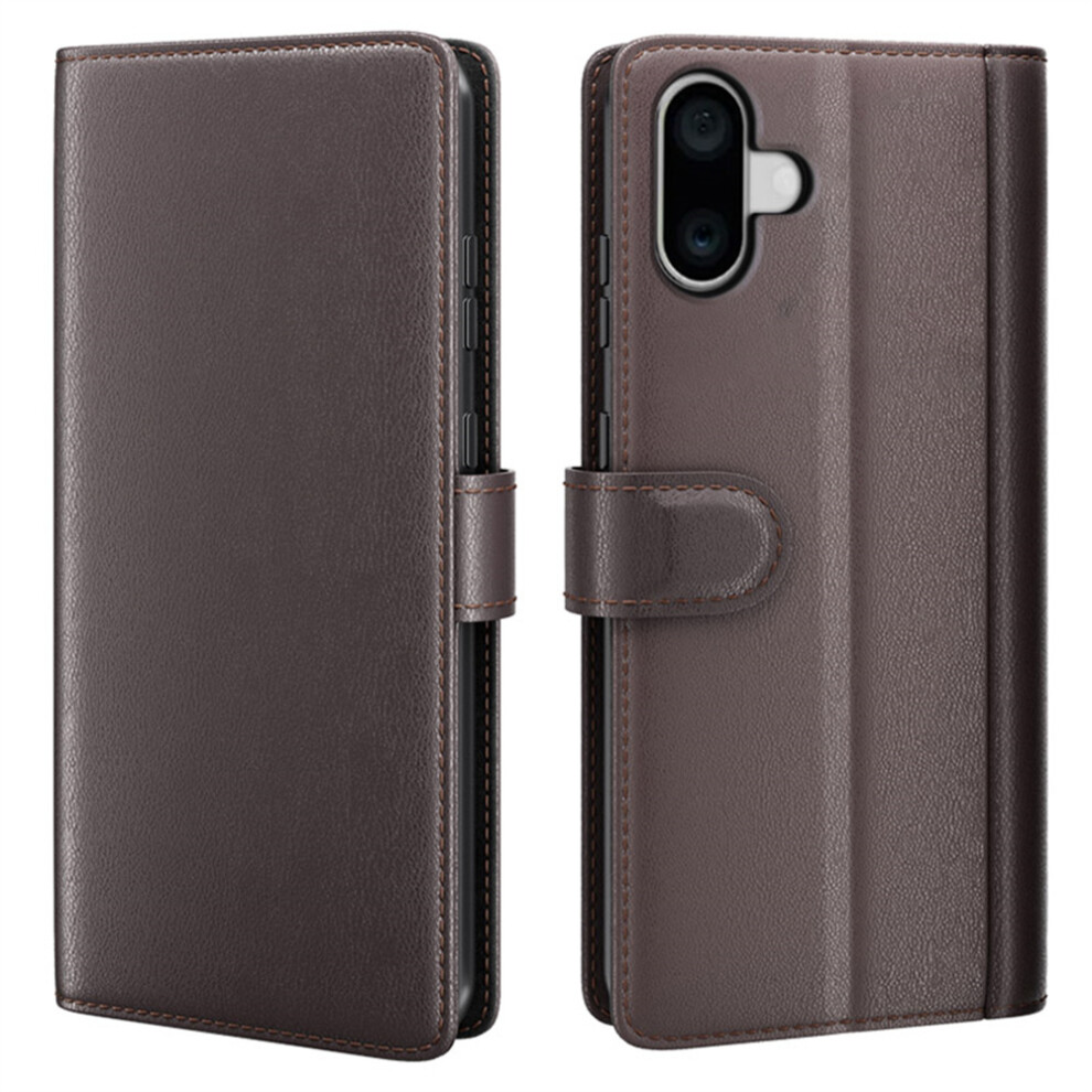 (Iphone 16, ) Amorus For Iphone 16 Stand Cases Calf Texture Genuine Split Leather Wallet Phone Cover Brown 6914288636728