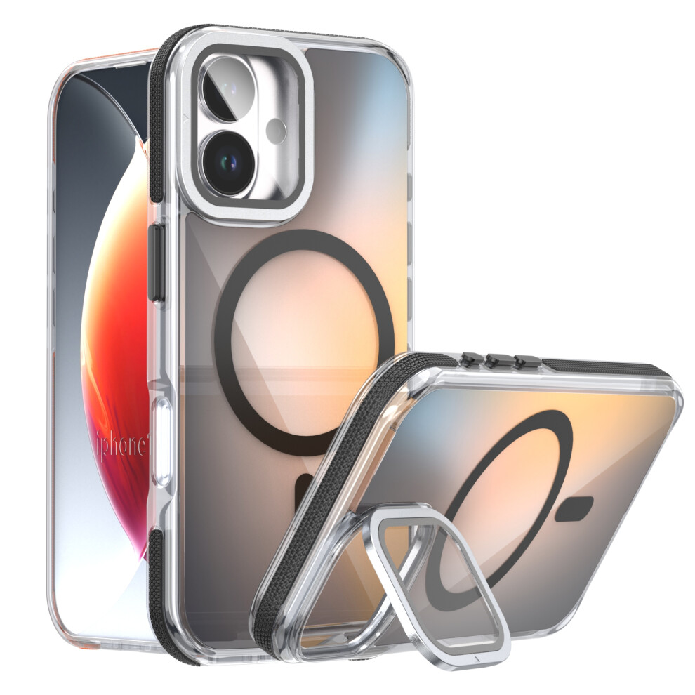 (Iphone 17, ) For Iphone 17 Magnetic Case Tpu Acrylic Phone Back Cover With Lens Film And Kickstand Black 6914281286678