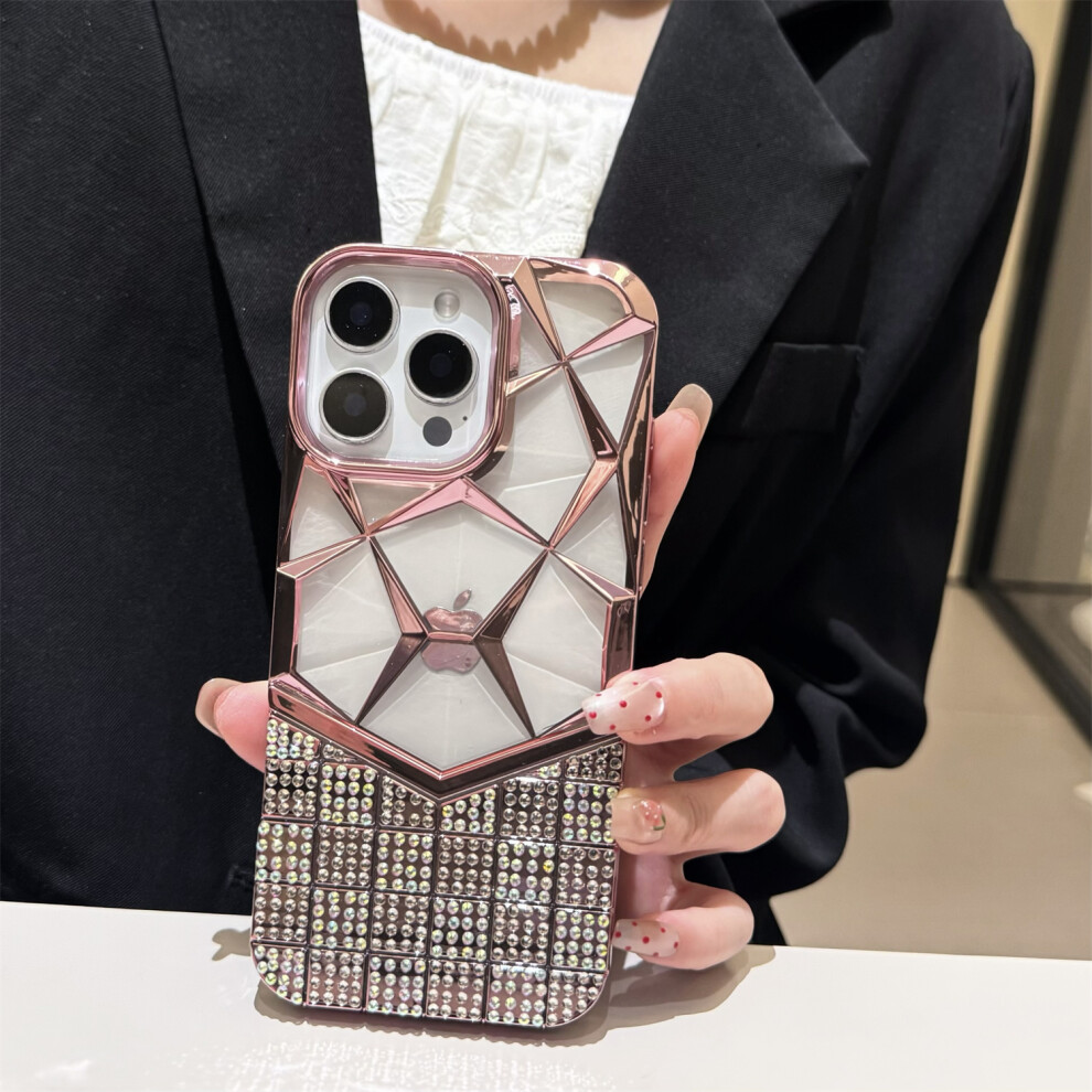 (Iphone 16 Pro Max, ) For Iphone 16 Pro Max Case Geometric Diamond Pattern Rhinestone Decor Electroplating Tpu Phone Cover Pink 6914285288654