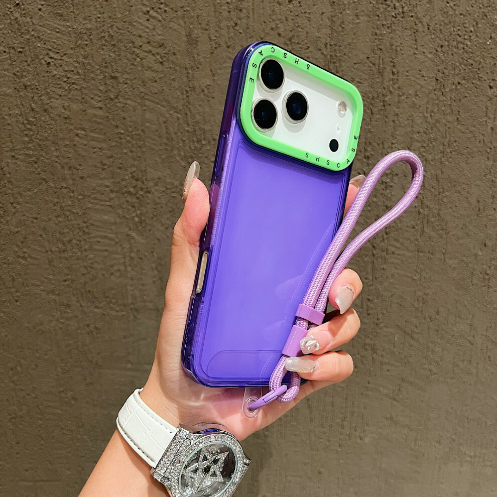 (Iphone 17 Pro, ) For Iphone 17 Pro Case Clear Contrasting Colors Shockproof Tpu Phone Back Cover With Wrist Strap Purple 6914289125771