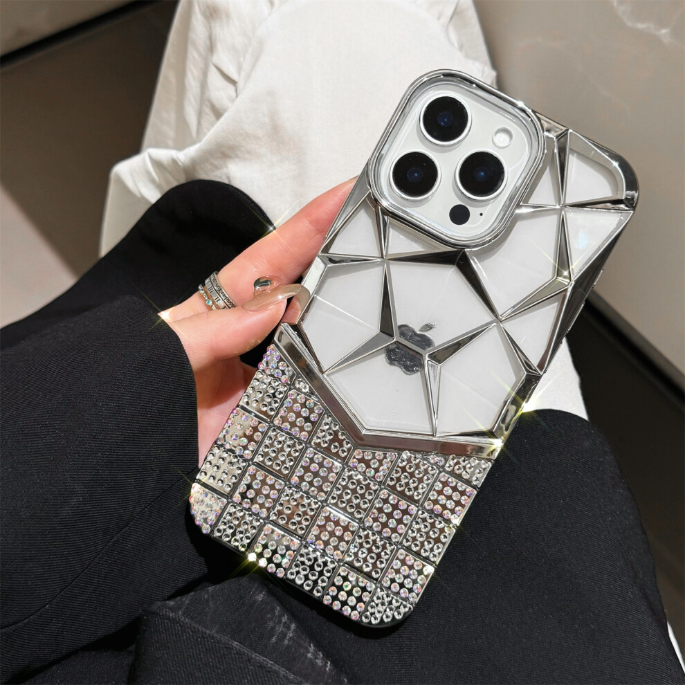 (Iphone 16 Pro Max, ) For Iphone 16 Pro Max Case Geometric Diamond Pattern Rhinestone Decor Electroplating Tpu Phone Cover Silver 6914282464754