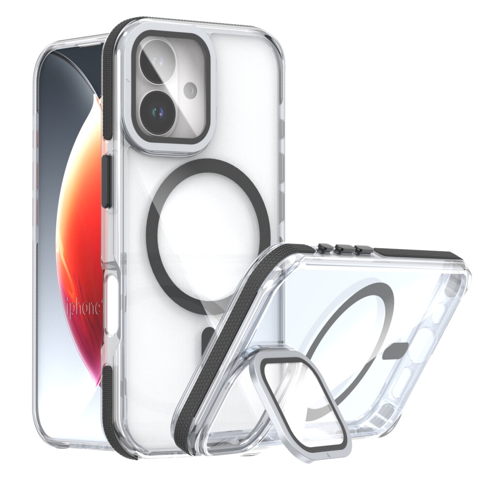 (Iphone 17, ) For Iphone 17 Magnetic Case Tpu Acrylic Clear Phone Back Cover With Lens Protector Kickstand Black 6914281019481