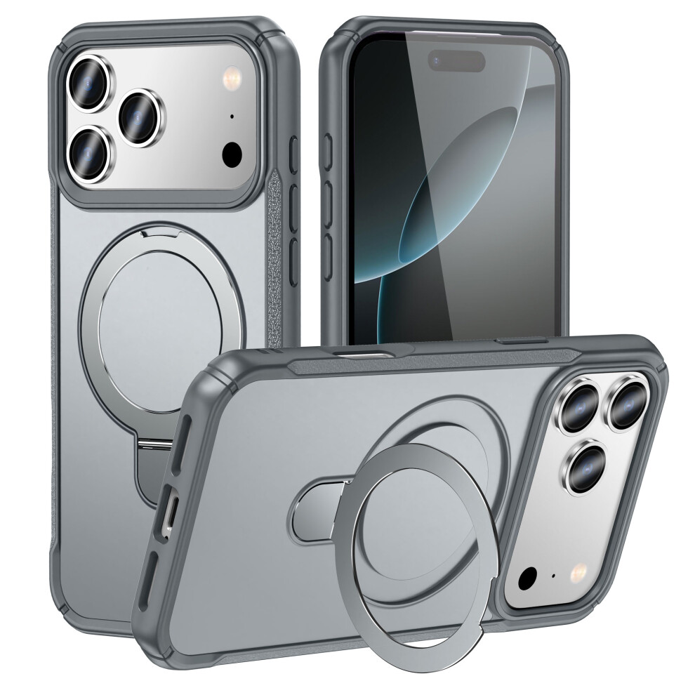 (Iphone 17 Pro, ) For Iphone 17 Pro Shockproof Case Tpu+Pc Phone Cover Compatible With Magsafe Rotating Kickstand Grey 6914282529224