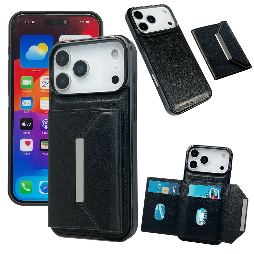 (Iphone 17 Pro Max, ) For Iphone 17 Pro Max Case Card Bag Kickstand Tpu+Pu Phone Cover Black 6914288450805
