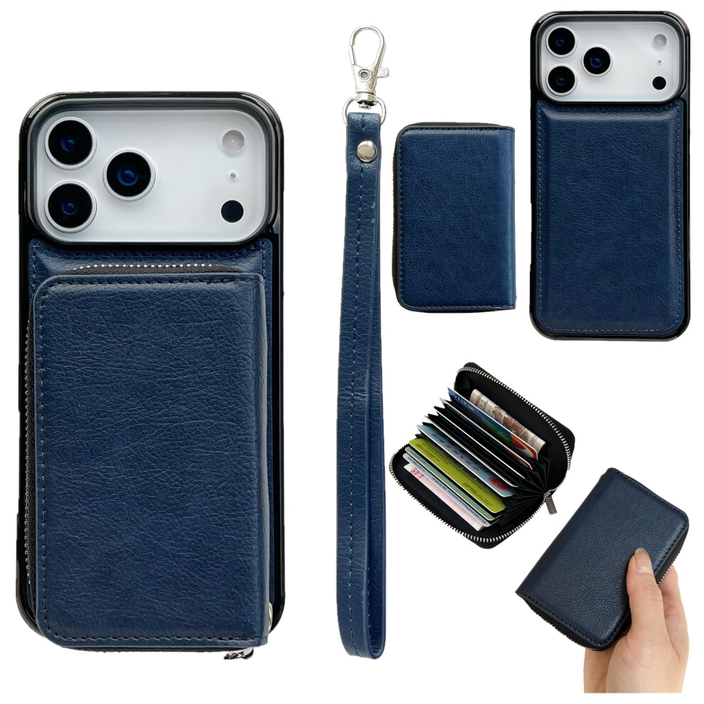 (Iphone 17 Pro, Sapphire) For Iphone 17 Pro Case Detachable Zipper Card Bag Pu Tpu Kickstand Phone Case With Strap Blue 6914287814820