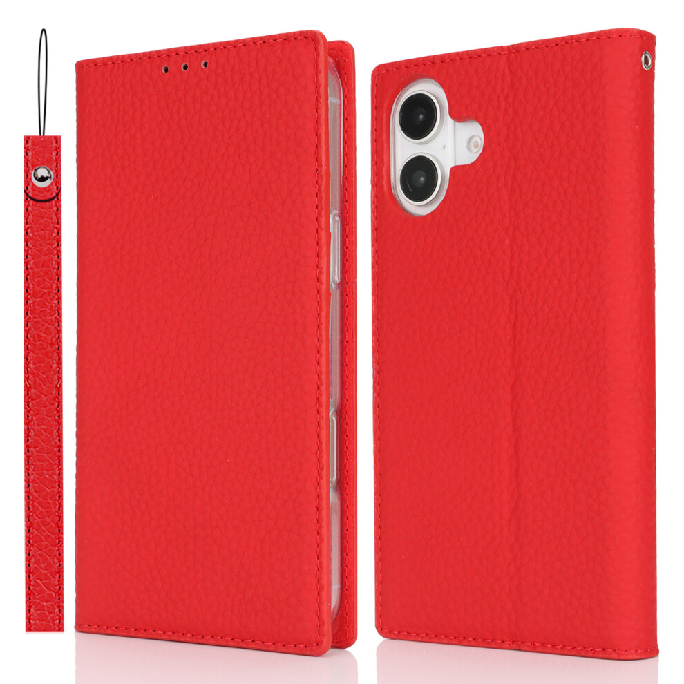 (Iphone 17, ) For Iphone 17 Wallet Case Genuine Cow Leather Phone Cover Litchi Texture Red 6914283792818