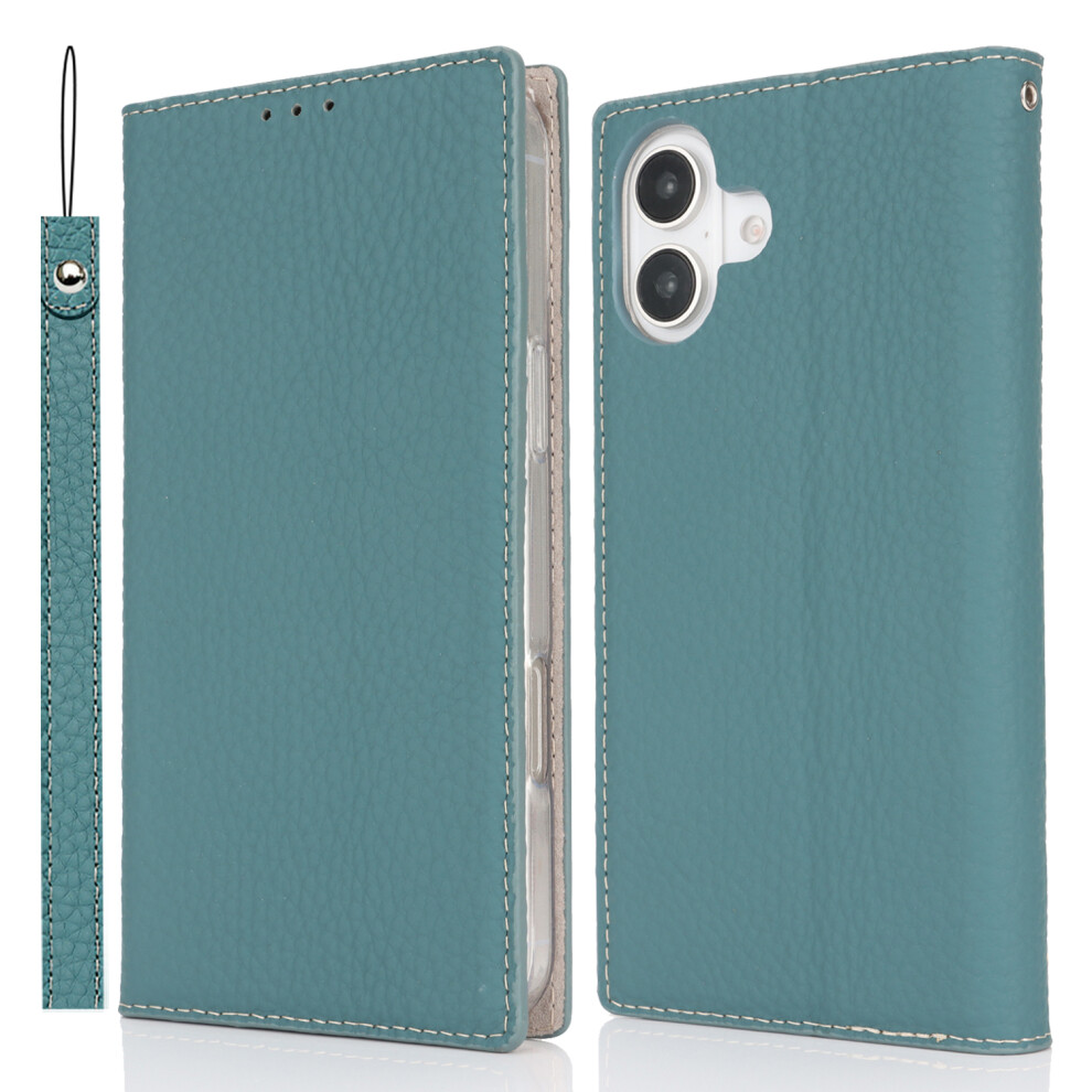 (Iphone 17, Sky ) For Iphone 17 Wallet Case Genuine Cow Leather Phone Cover Litchi Texture Blue 6914286512369