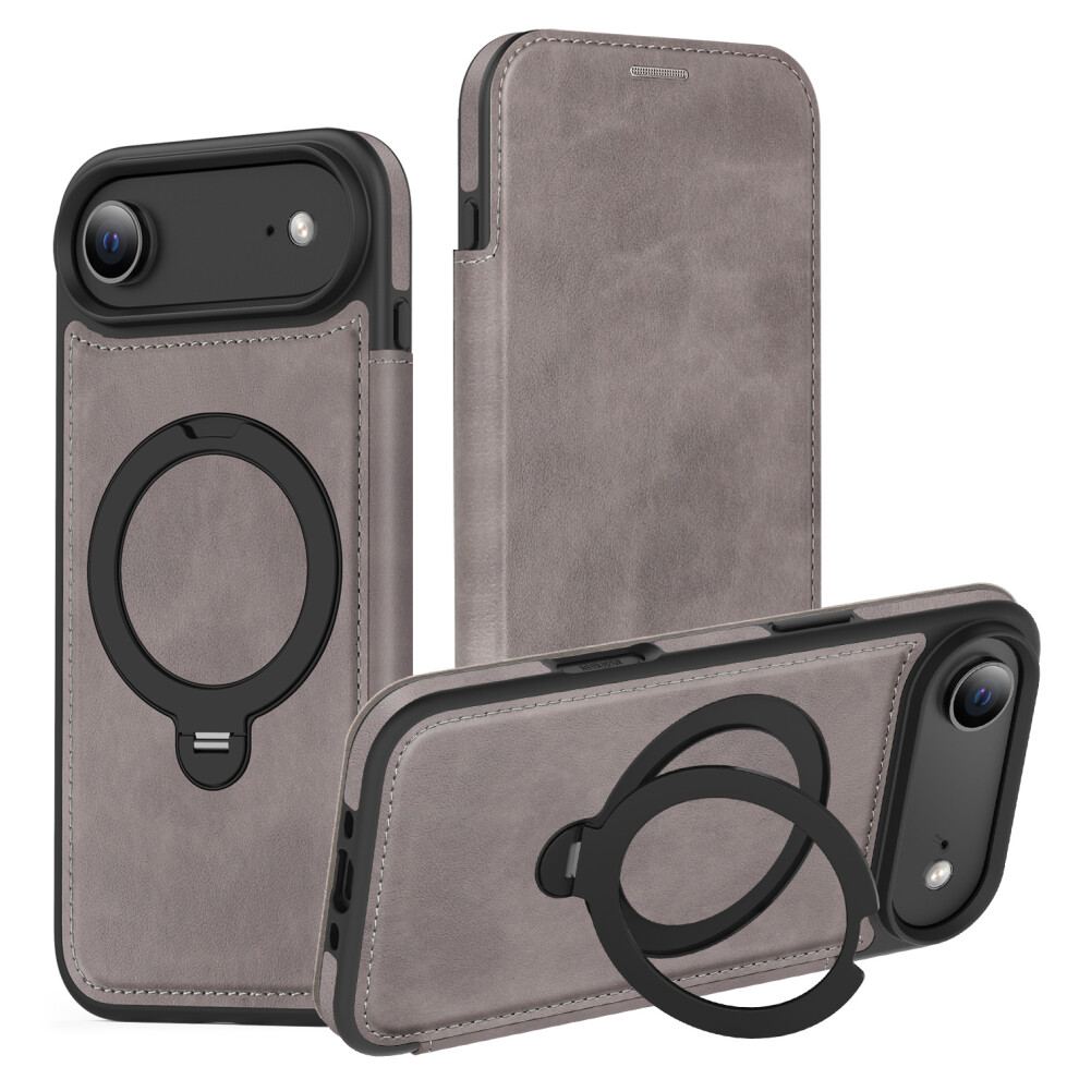 (Iphone Air, ) For Iphone Air Case Compatible With Magsafe Rfid Blocking Leather Wallet Cover With Rotating Ring Kickstand Grey 6914289888331