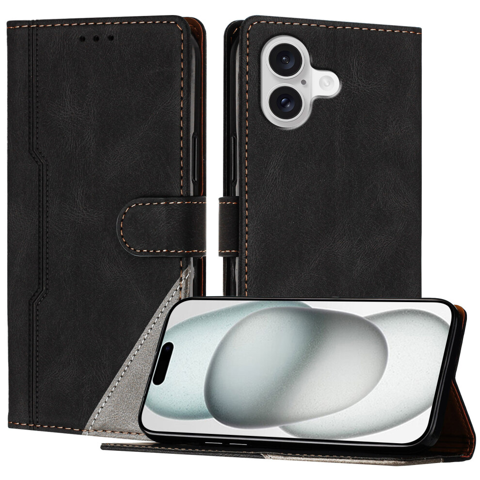 (Iphone 17, ) For Iphone 17 Leather Case Triangle Patchwork Wallet Stand Shockproof Phone Cover Black 6914281621103
