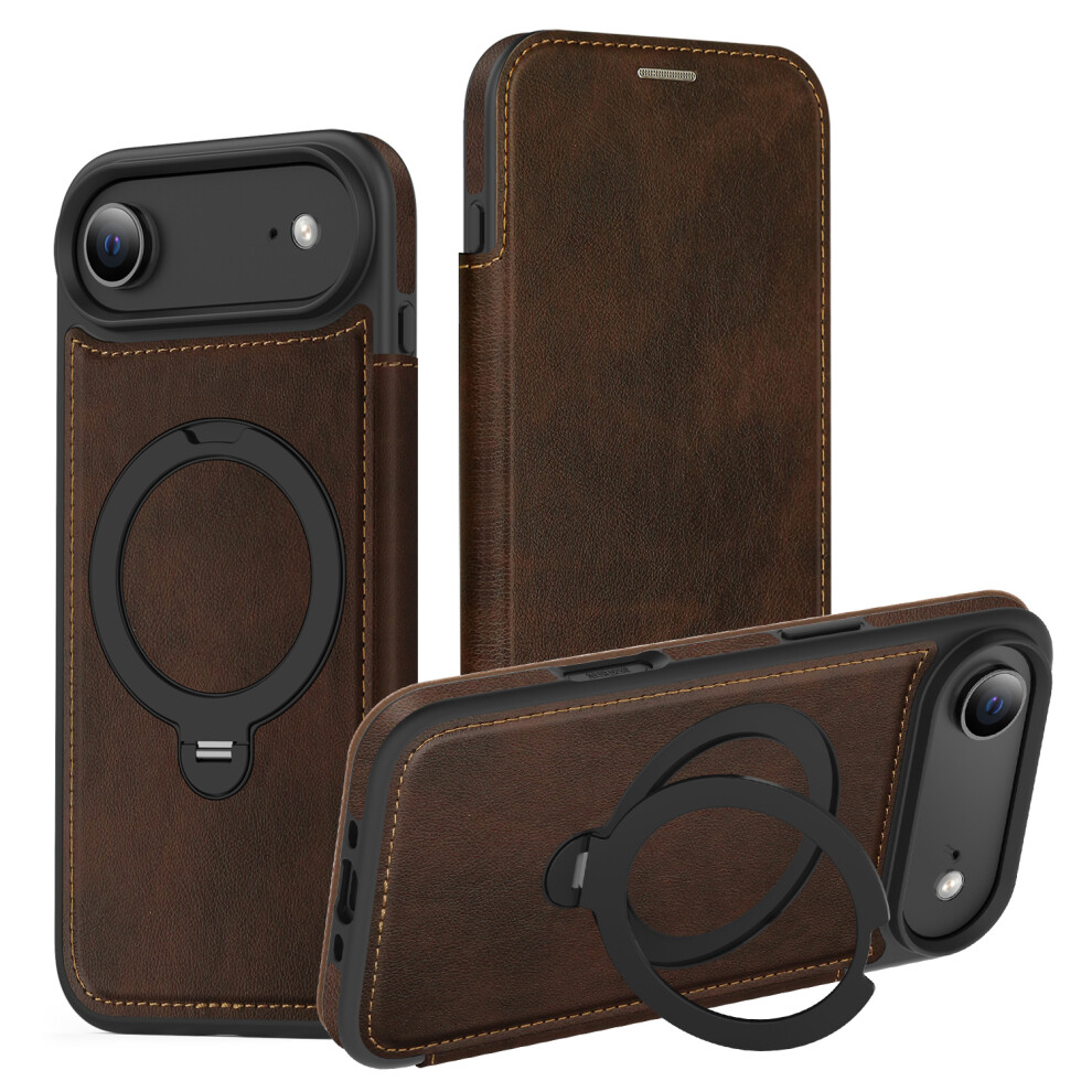 (Iphone Air, Coffee) For Iphone Air Case Compatible With Magsafe Rfid Blocking Leather Wallet Cover With Rotating Ring Kickstand Brown 6914282152606