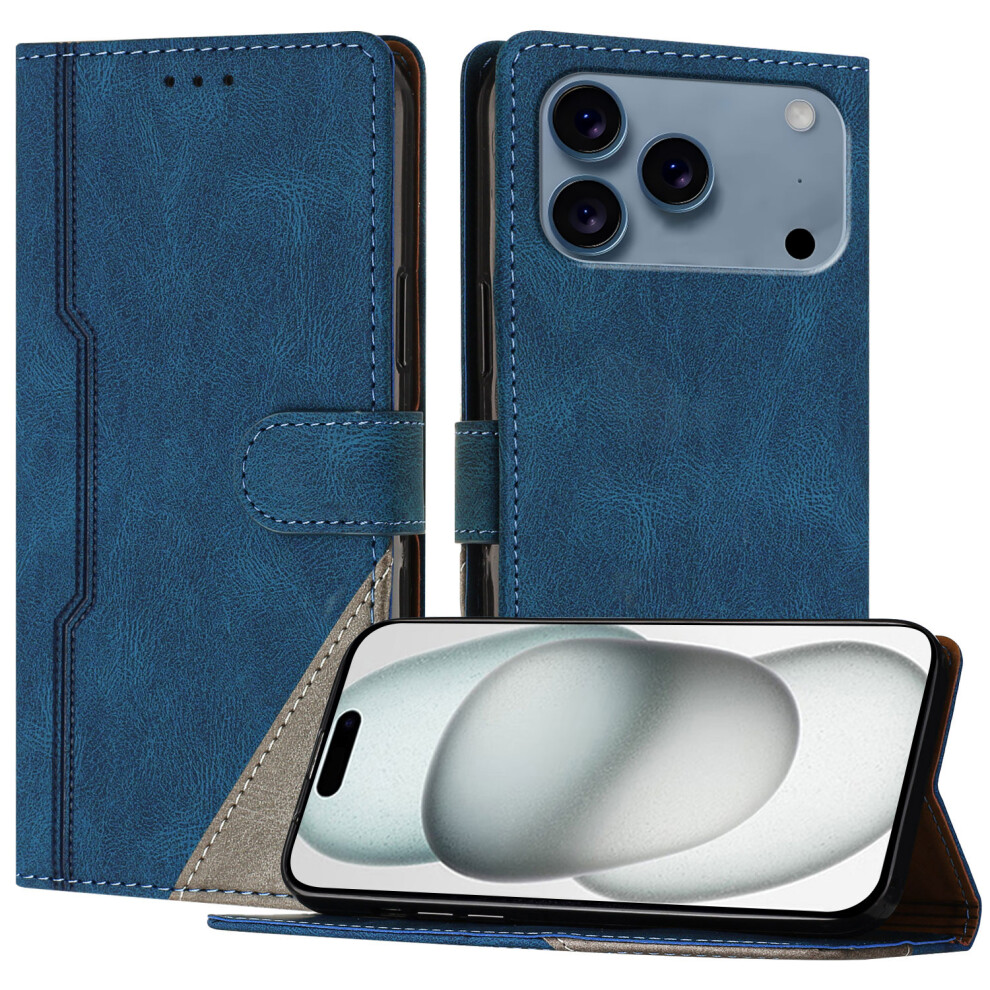 (Iphone 17 Pro Max, ) For Iphone 17 Pro Max Leather Case Triangle Patchwork Wallet Stand Shockproof Phone Cover Blue 6914280306544