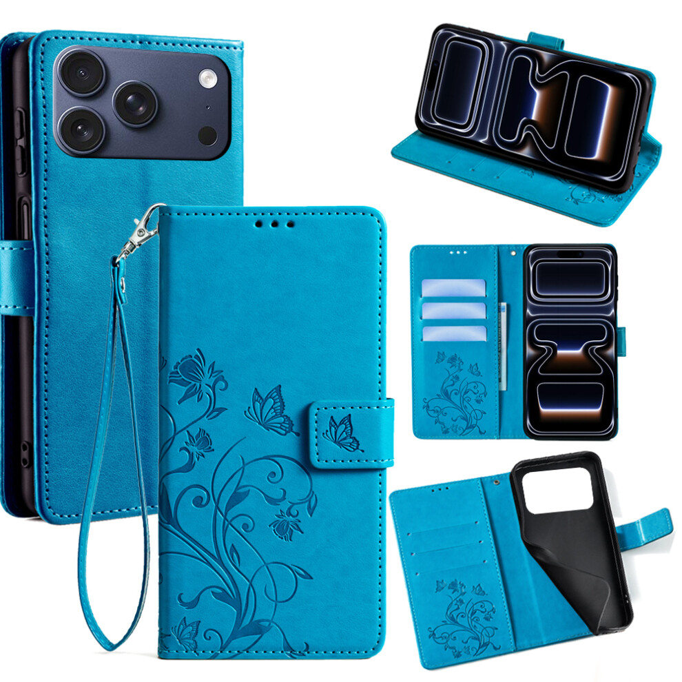(Iphone 17 Pro, ) For Iphone 17 Pro Case Butterfly Flower Imprinted Pu Leather Wallet Phone Cover Blue 6914285972676