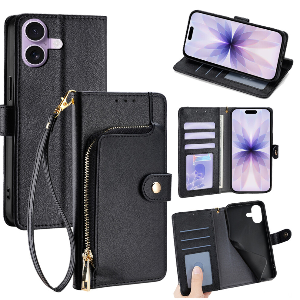 (Iphone 17, ) For Iphone 17 Case Zipper Pocket Pu Leather Wallet Flip Phone Cover Black 6914282068976