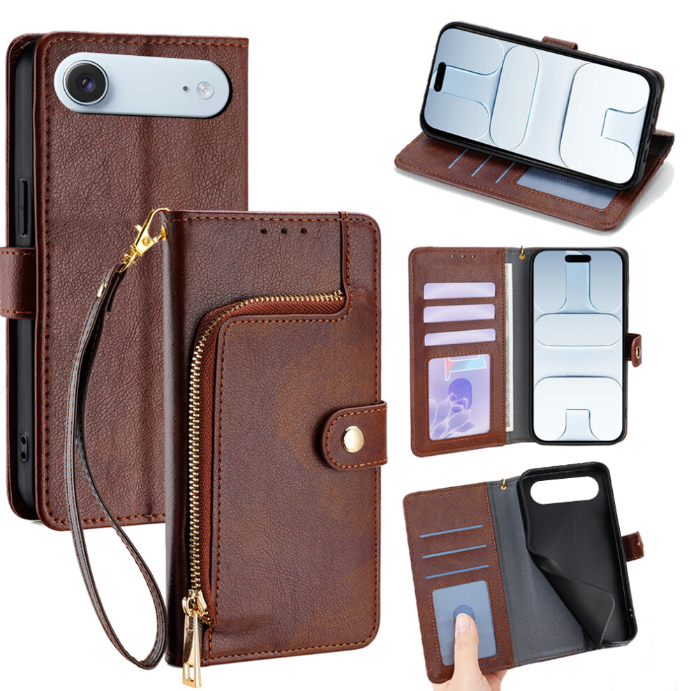 (Iphone Air, ) For Iphone Air Case Zipper Pocket Pu Leather Wallet Flip Phone Cover Brown 6914286529077