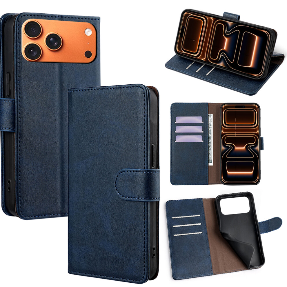 (Iphone 17 Pro Max, Sapphire) For Iphone 17 Pro Max Case Rfid Blocking Wallet Cowhide Texture Leather Phone Cover Blue 6914280692173