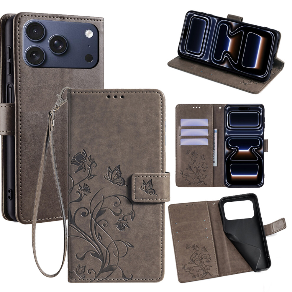 (Iphone 17 Pro, ) For Iphone 17 Pro Case Butterfly Flower Imprinted Pu Leather Wallet Phone Cover Grey 6914281674536