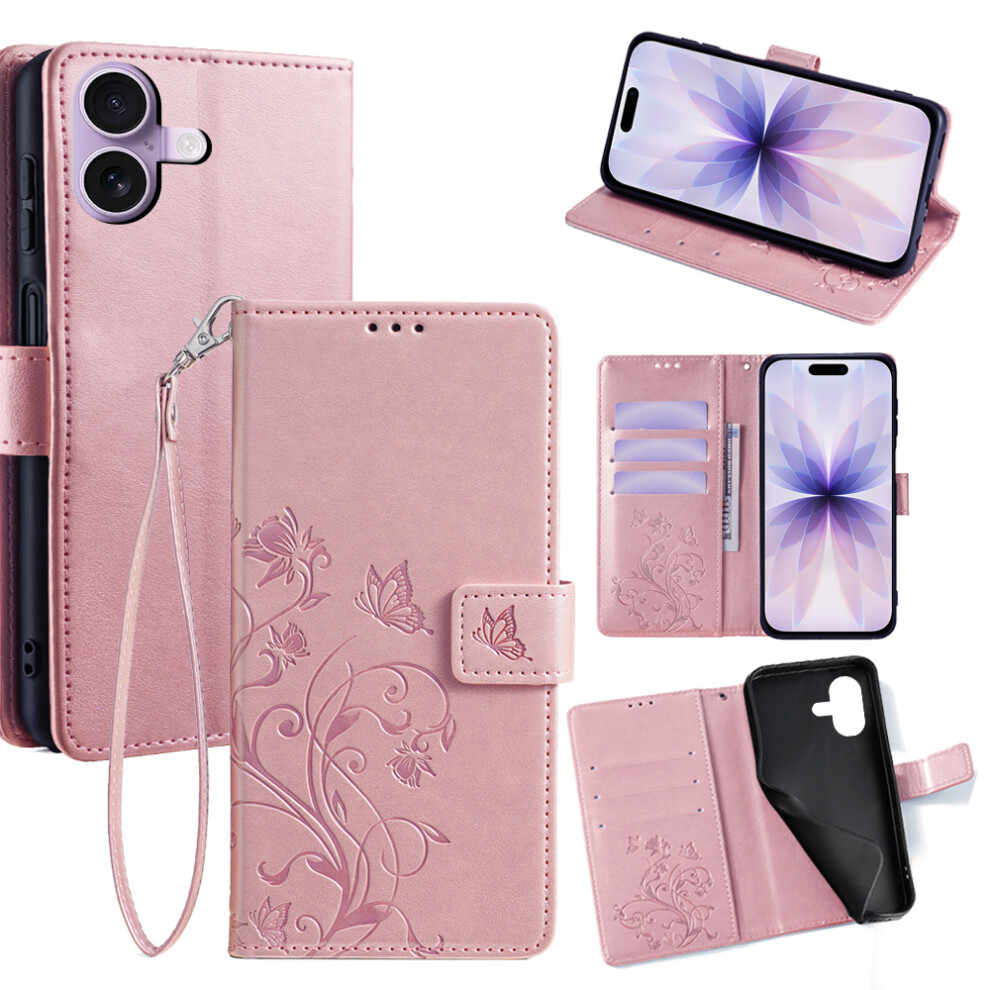 (Iphone 17, Rose ) For Iphone 17 Case Butterfly Flower Imprinted Pu Leather Wallet Phone Cover Gold 6914281512562