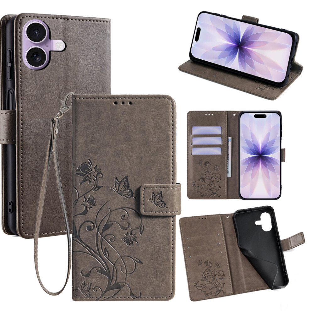 (Iphone 17, ) For Iphone 17 Case Butterfly Flower Imprinted Pu Leather Wallet Phone Cover Grey 6914285100611