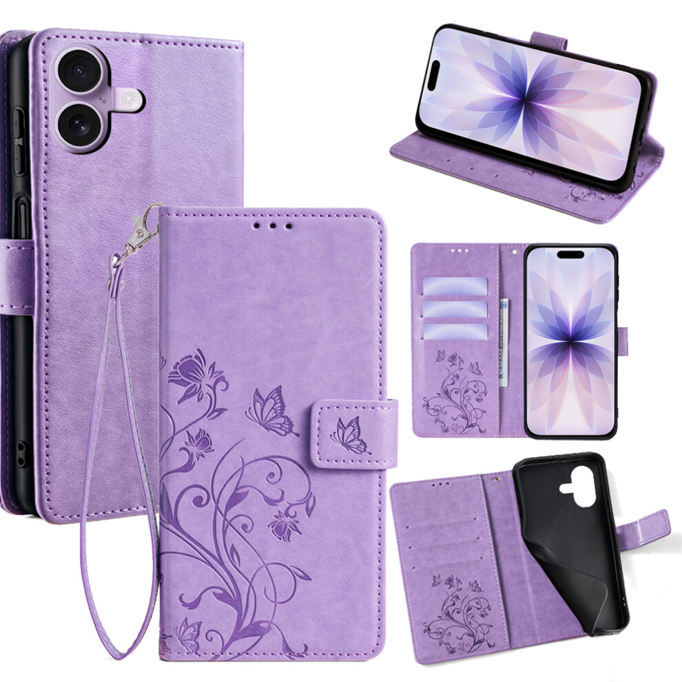 (Iphone 17, ) For Iphone 17 Case Butterfly Flower Imprinted Pu Leather Wallet Phone Cover Purple 6914288596978