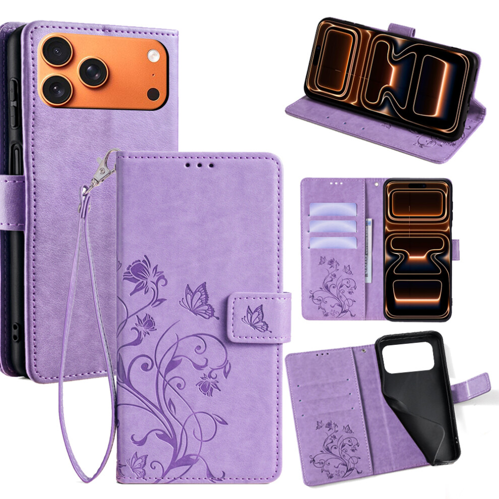 (Iphone 17 Pro Max, ) For Iphone 17 Pro Max Case Butterfly Flower Imprinted Pu Leather Wallet Phone Cover Purple 6914287205482