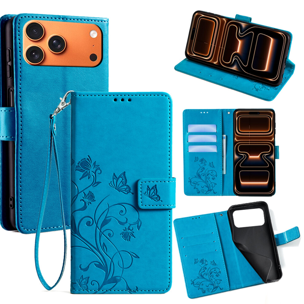 (Iphone 17 Pro Max, ) For Iphone 17 Pro Max Case Butterfly Flower Imprinted Pu Leather Wallet Phone Cover Blue 6914284020828