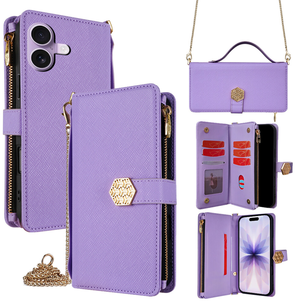 (Iphone 17, ) For Iphone 17 Case Cross Texture Pu Leather+Tpu Wallet Phone Cover With Strap Purple 6914284410797