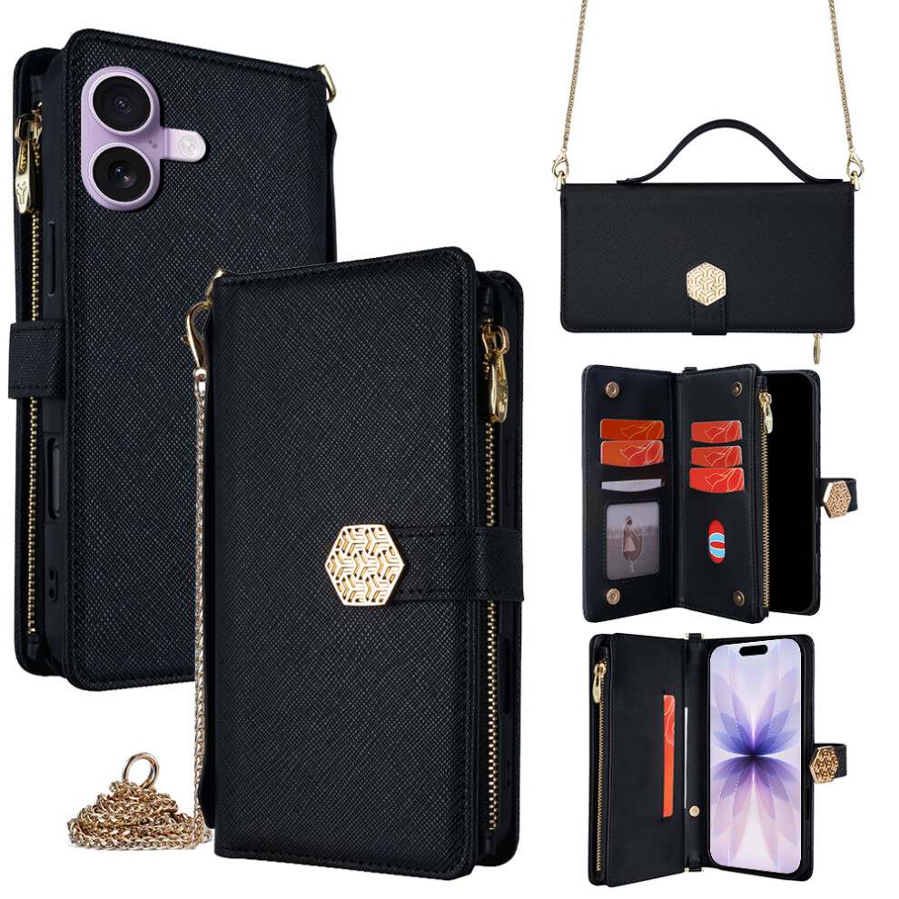 (Iphone 17, ) For Iphone 17 Case Cross Texture Pu Leather+Tpu Wallet Phone Cover With Strap Black 6914283636471