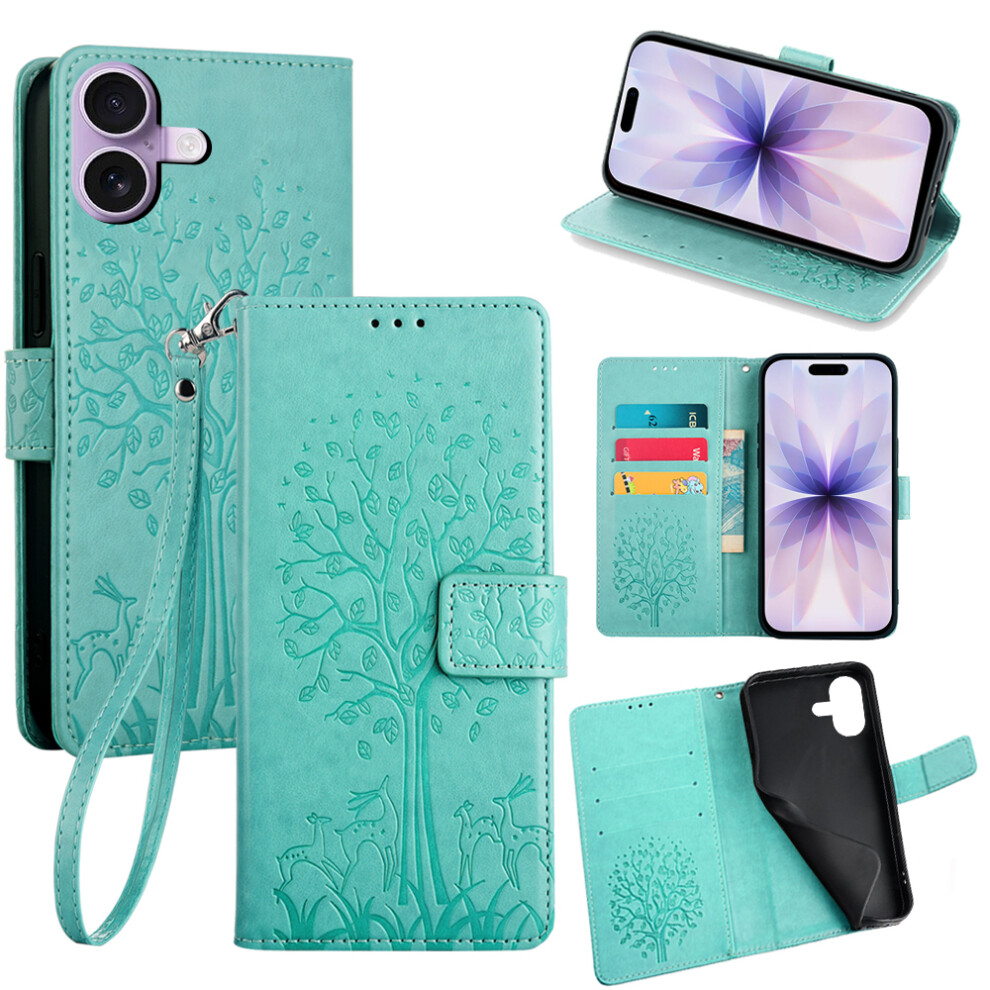(Iphone 17, ) For Iphone 17 Case Pu Leather Wallet Phone Cover Tree Deer Imprinted Green 6914282143833
