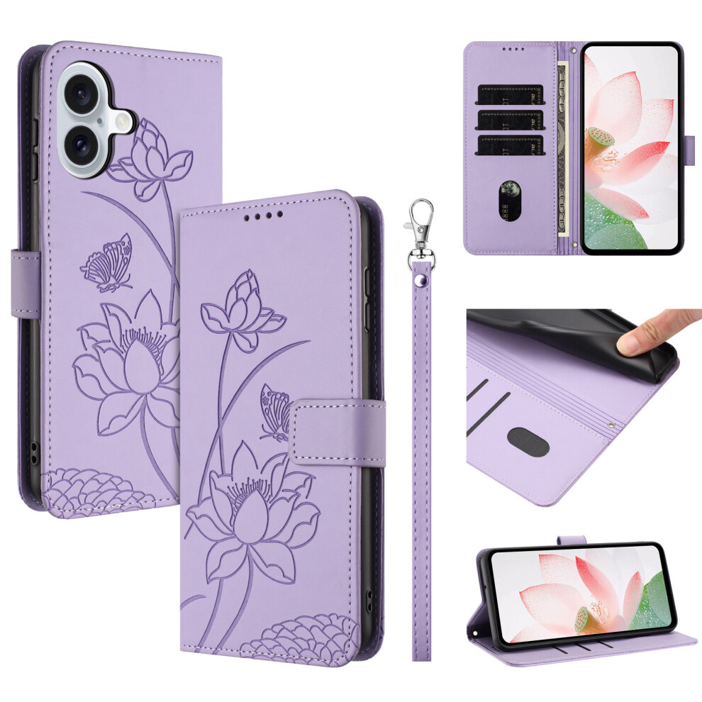 (Iphone 17, ) For Iphone 17 Case Wallet Stand Lotus Imprint Leather Phone Cover With Wrist Strap Purple 6914280879710