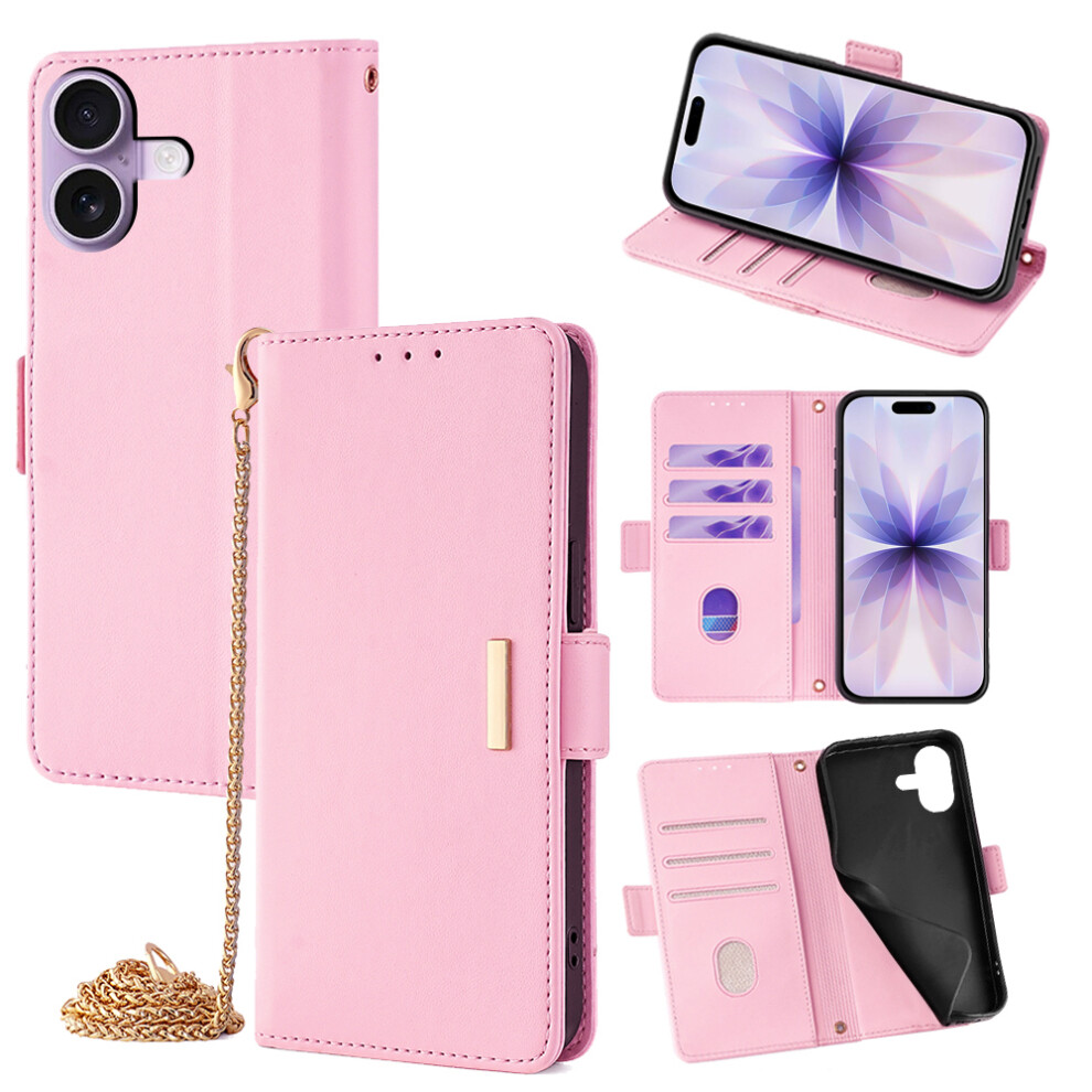 (Iphone 17, ) For Iphone 17 Case Pu Leather Wallet Stand Phone Cover With Crossbody Shoulder Strap Pink 6914282722878