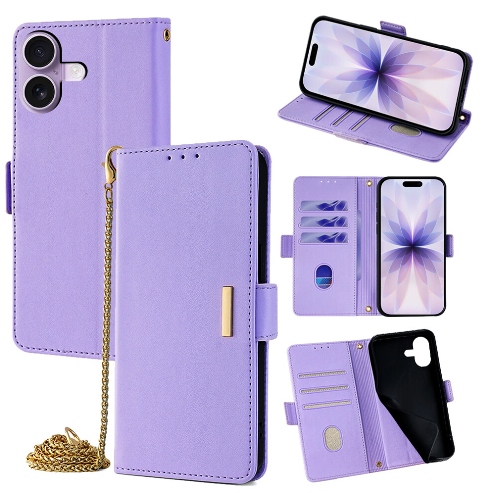 (Iphone 17, ) For Iphone 17 Case Pu Leather Wallet Stand Phone Cover With Crossbody Shoulder Strap Purple 6914281086674