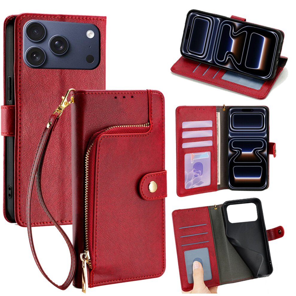 (Iphone 17 Pro, ) For Iphone 17 Pro Case Zipper Pocket Pu Leather Wallet Flip Phone Cover Red 6914284577230