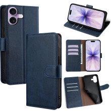 (iPhone 17, Sapphire) For iPhone 17 Case RFID Blocking Wallet Cowhide Texture Leather Phone Cover