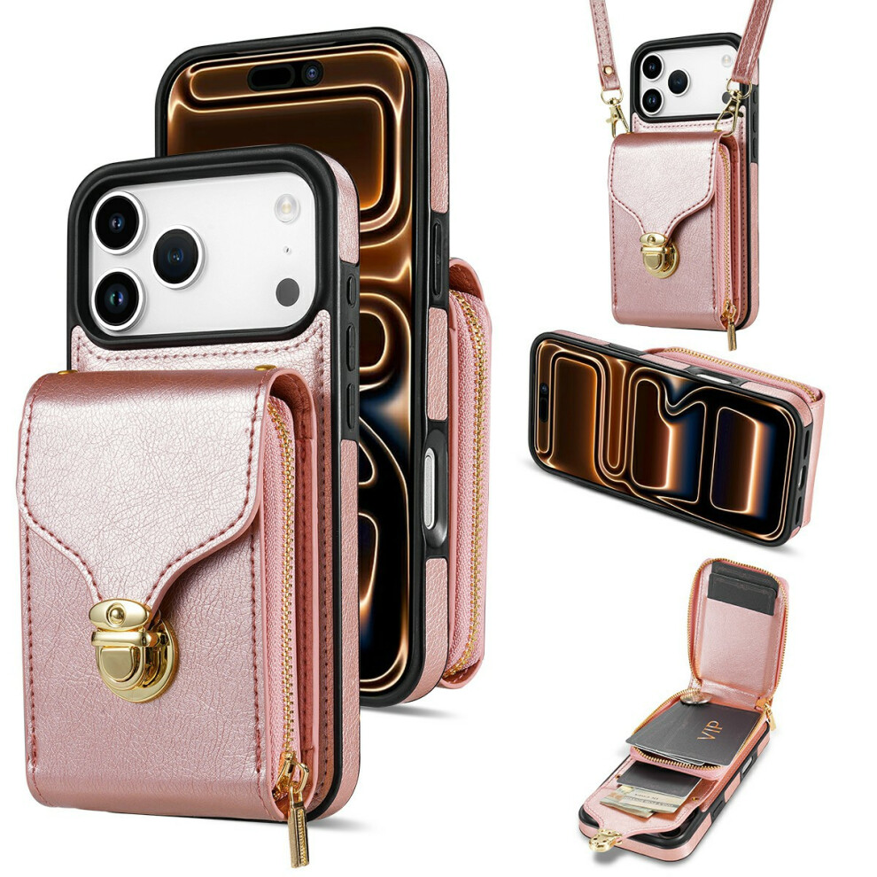 (Iphone 17 Pro, Rose ) For Iphone 17 Pro Case Zipper Wallet Leather+Tpu Phone Cover With Strap Gold 6914282090021