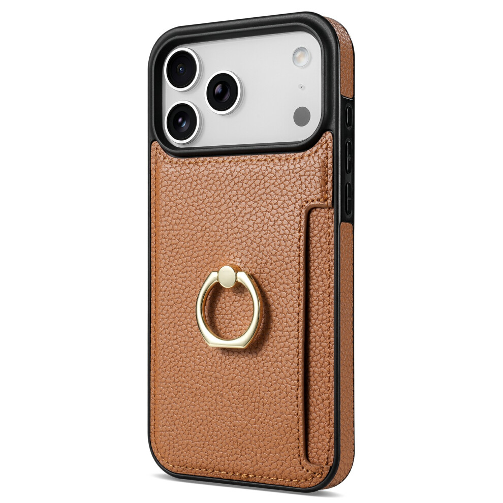 (Iphone 17 Pro Max, ) For Iphone 17 Pro Max Case Ring Kickstand Pu+Tpu Card Holder Phone Cover Brown 6914287976856