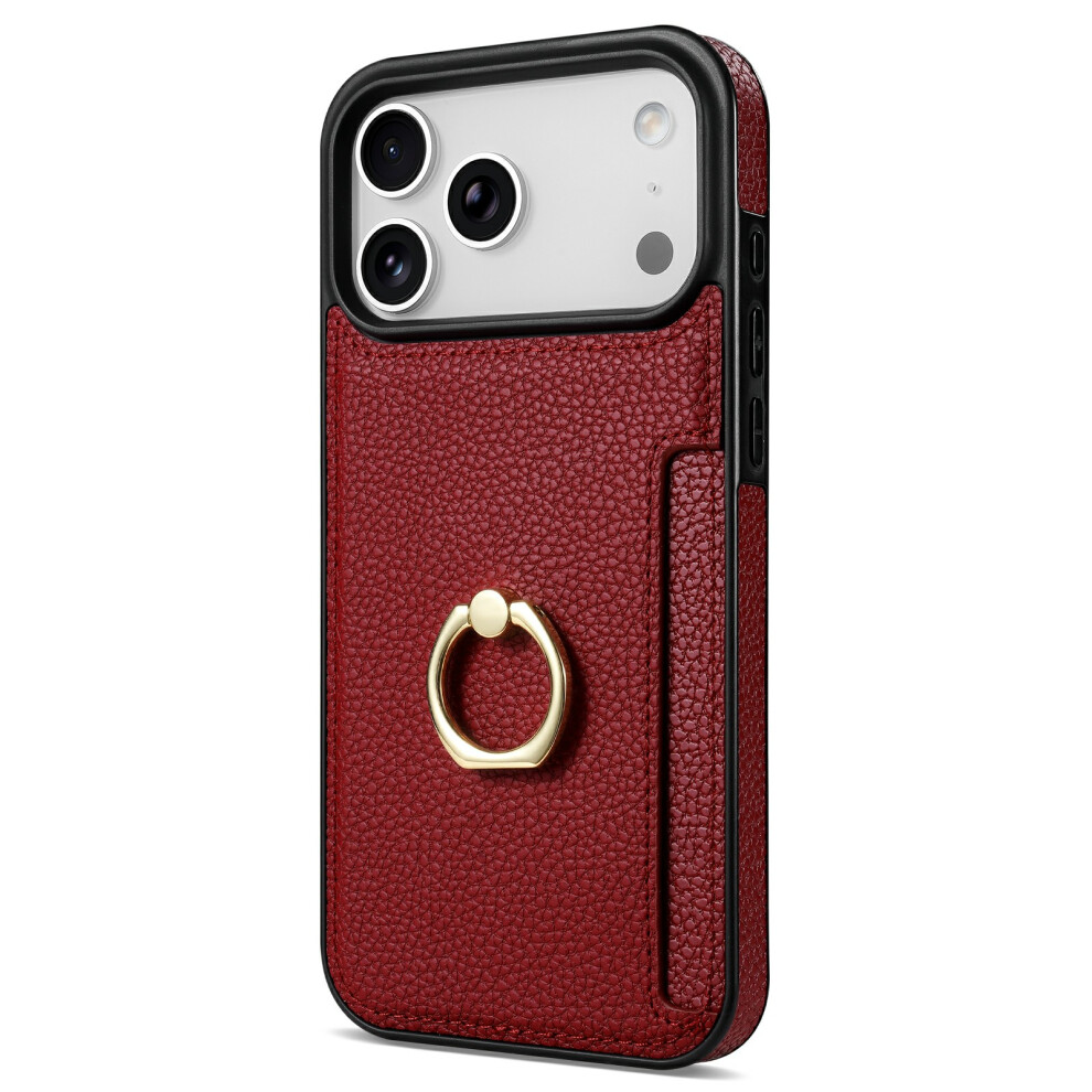 (Iphone 17 Pro Max, ) For Iphone 17 Pro Max Case Ring Kickstand Pu+Tpu Card Holder Phone Cover Red 6914287328730