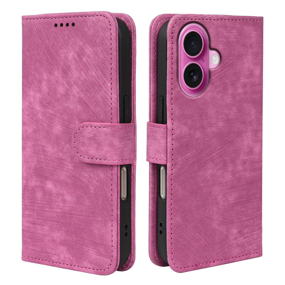 (iPhone 16, Rose) For iPhone 16 Case Flip Wallet Striped Texture Leather Phone Cover