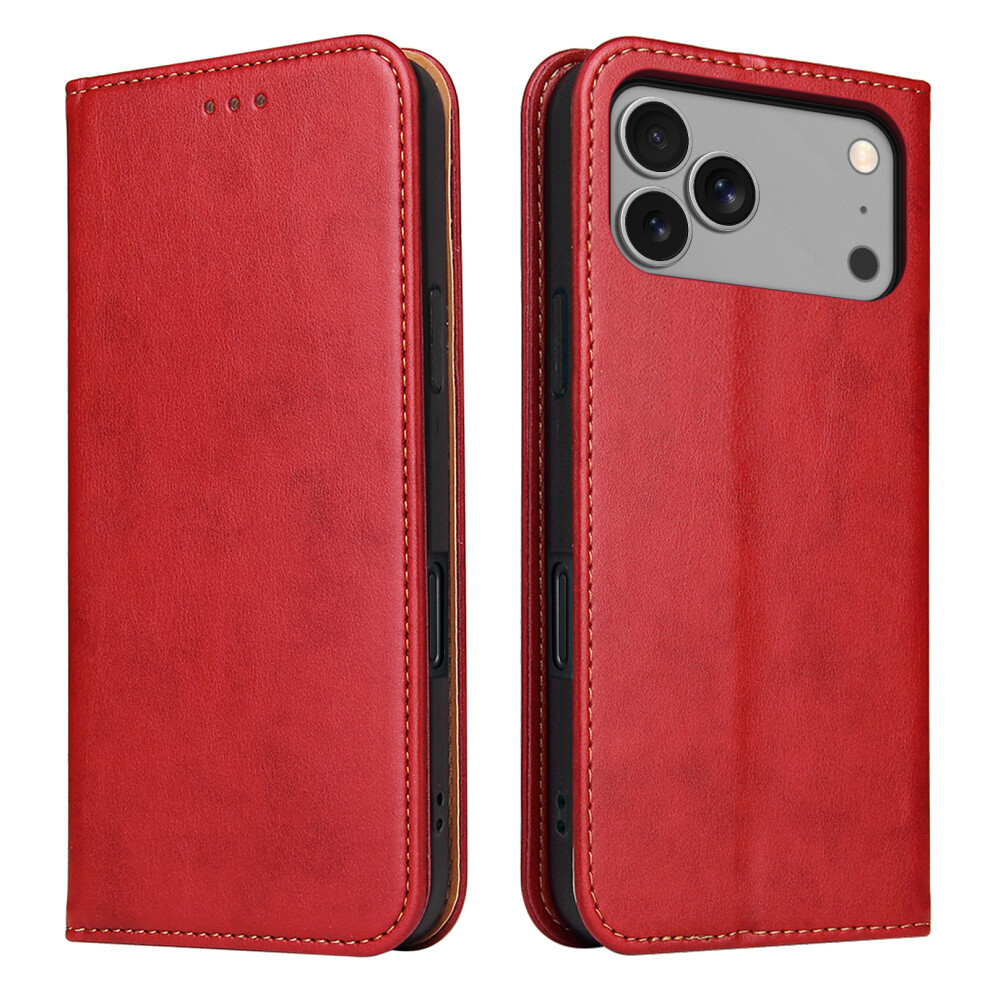 (Iphone 17 Pro, ) Fierre Shann For Iphone 17 Pro Case Pu Leather Flip Stand Wallet Phone Cover Red 6914286407634