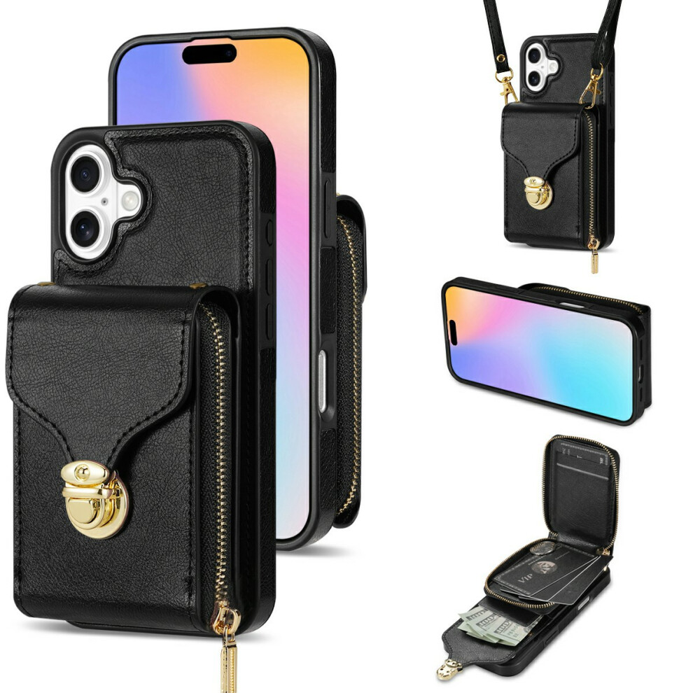 (Iphone 17, ) For Iphone 17 Case Zipper Wallet Leather+Tpu Phone Cover With Strap Black 6914284377441