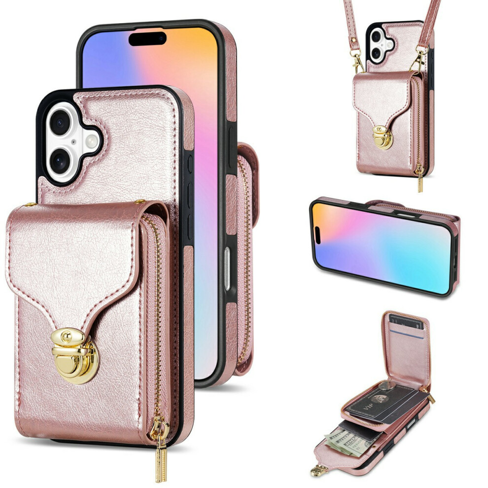 (Iphone 17, Rose ) For Iphone 17 Case Zipper Wallet Leather+Tpu Phone Cover With Strap Gold 6914284598273
